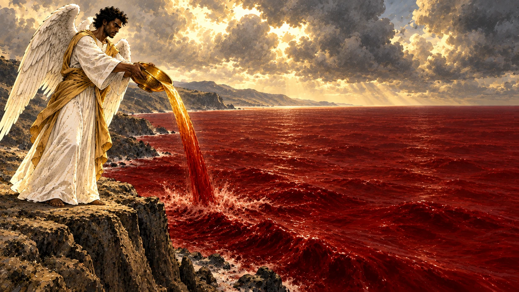 The second angel pours a golden bowl into the sea as its waters turn deep red to the horizon.