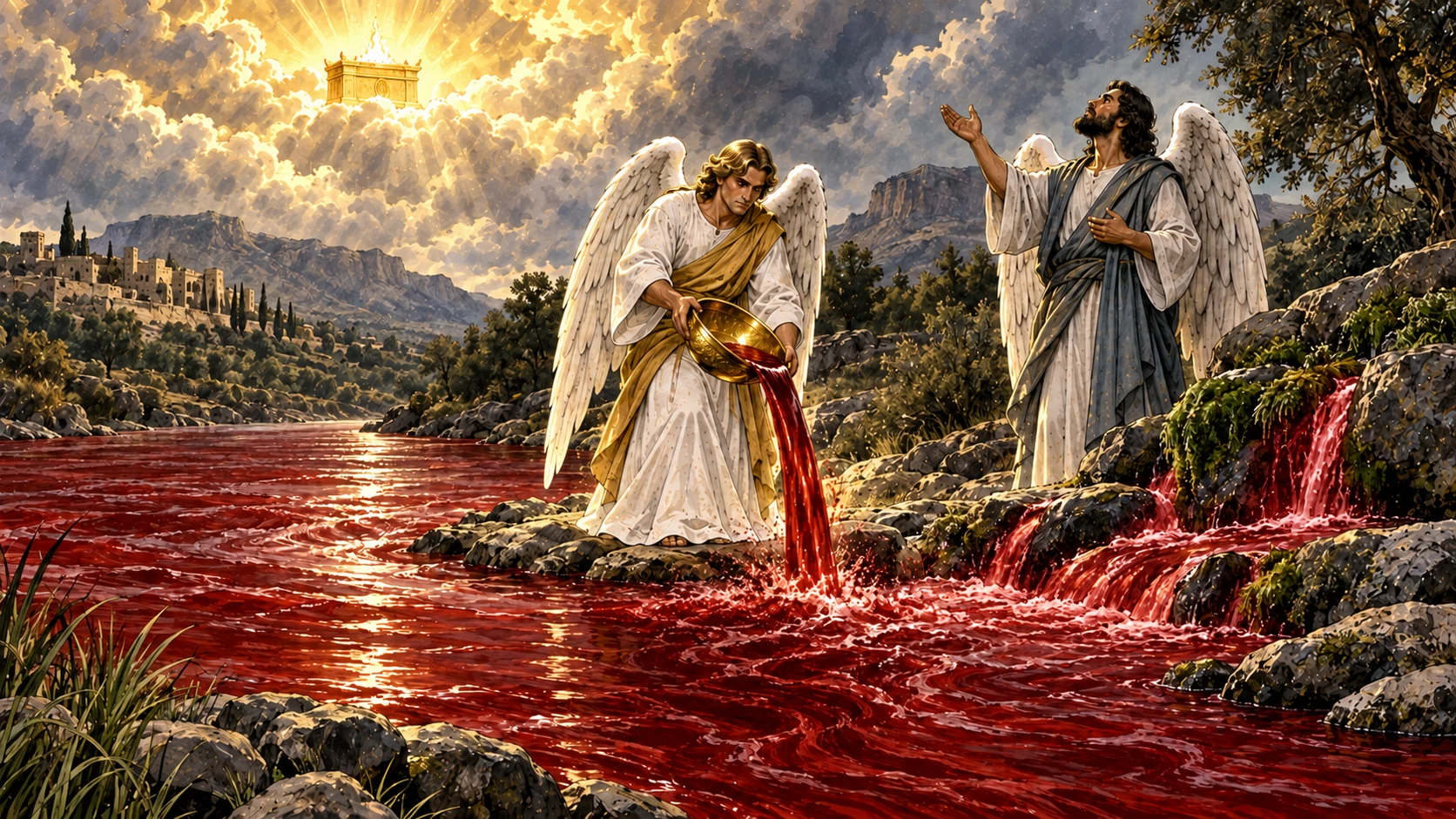 The third angel pours a golden bowl as a river and its springs turn red; the angel of the waters speaks nearby.