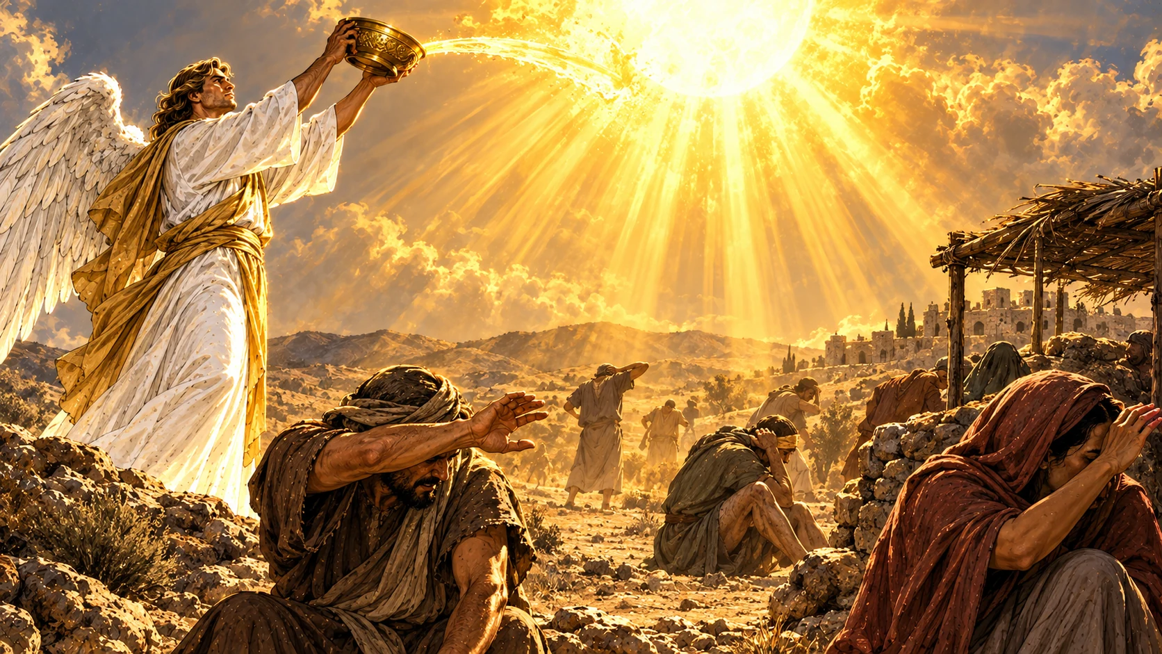 The fourth angel pours a golden bowl toward the blazing sun as adults take shelter from its heat.