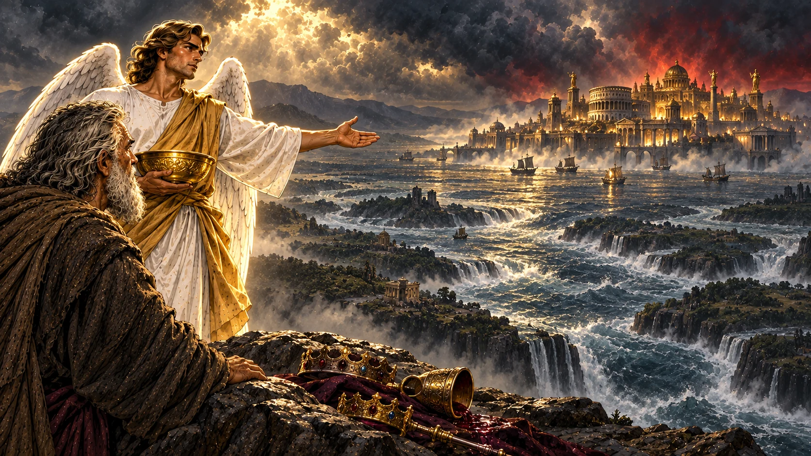 One of the seven bowl angels stands beside John and gestures across many waters toward a distant golden city.