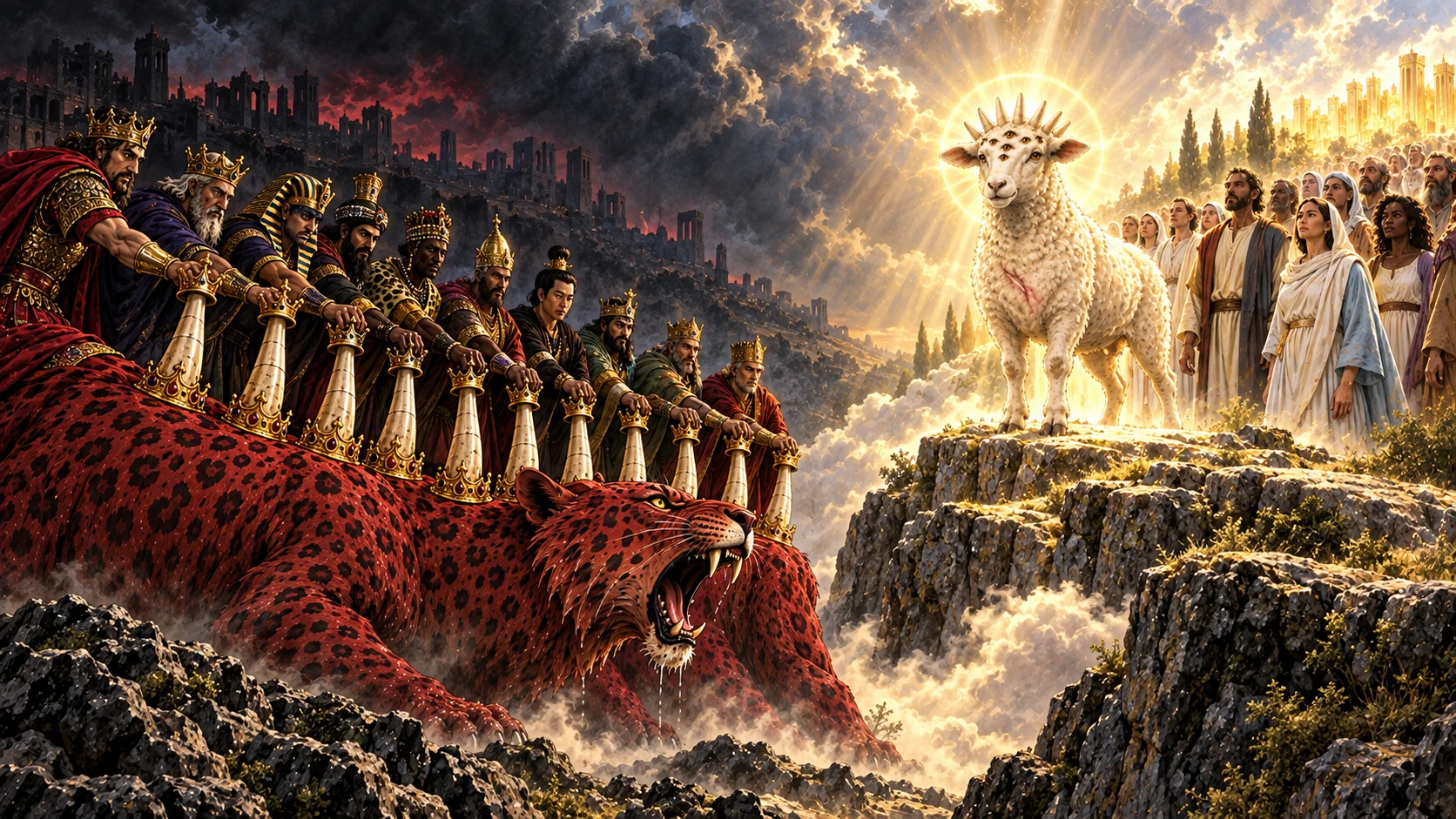 Ten crowned rulers gather with the scarlet beast opposite the luminous Lamb and faithful people.