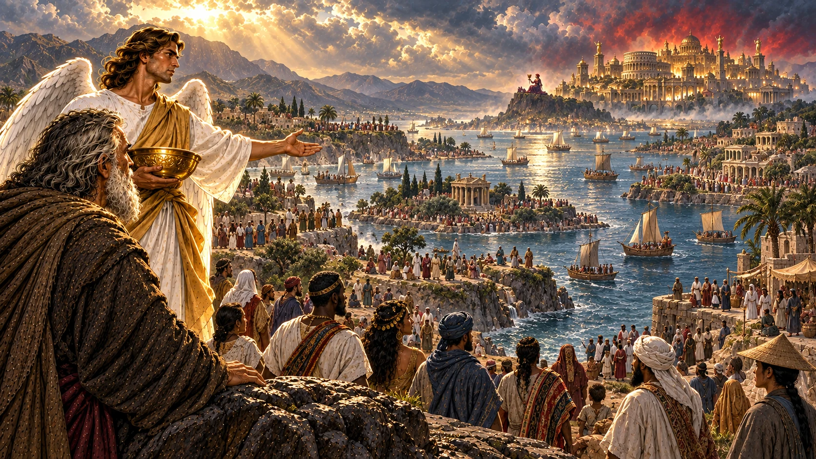 The angel shows John many waterways surrounded by diverse ancient peoples and crowds.