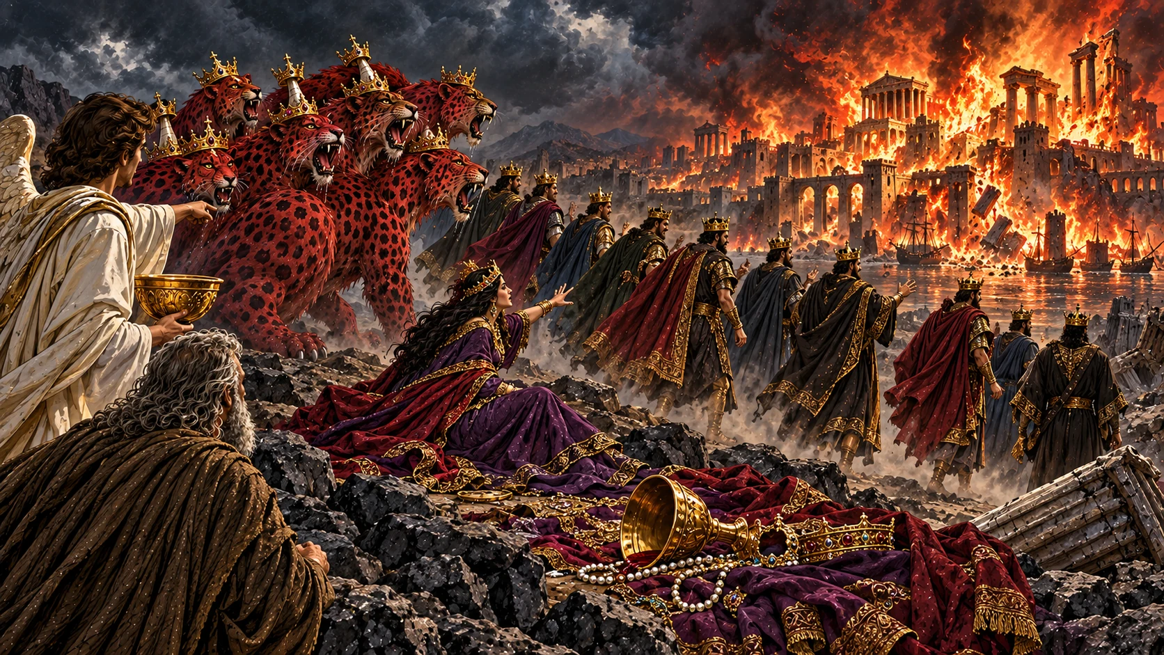Ten rulers and the scarlet beast turn toward a burning great city as the fully clothed woman loses her regalia.