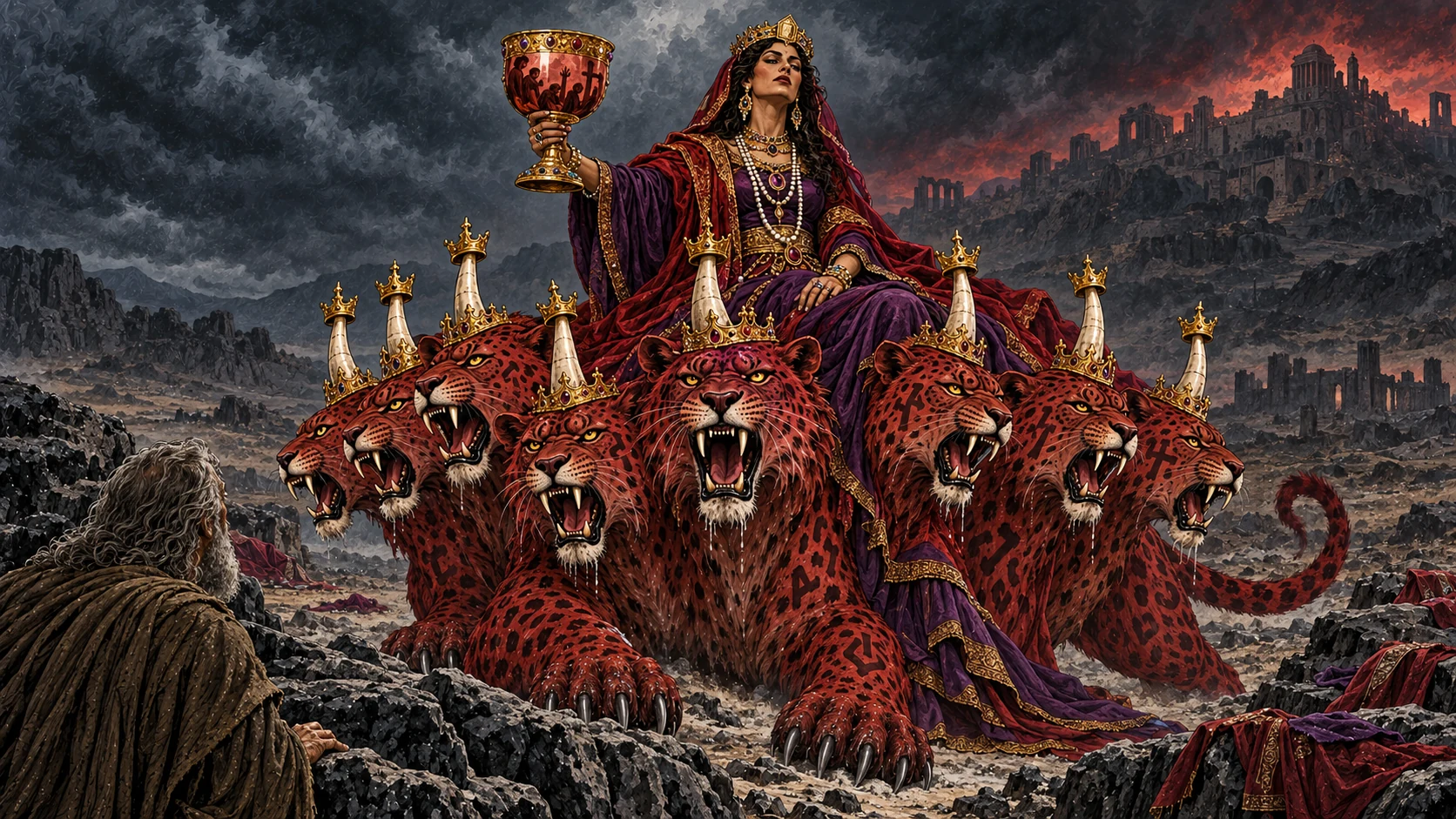 A woman in purple and scarlet holds a golden cup while seated on a seven-headed scarlet beast as John watches.