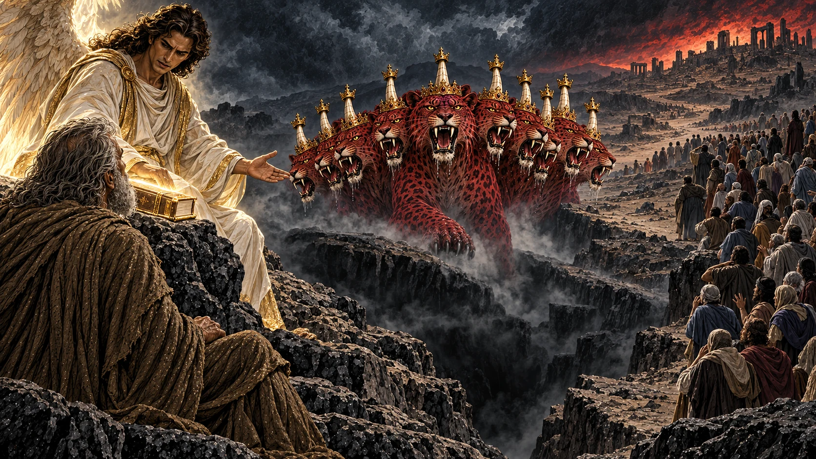 The angel explains the mystery to John as the scarlet beast rises from a dark abyss before an astonished crowd.