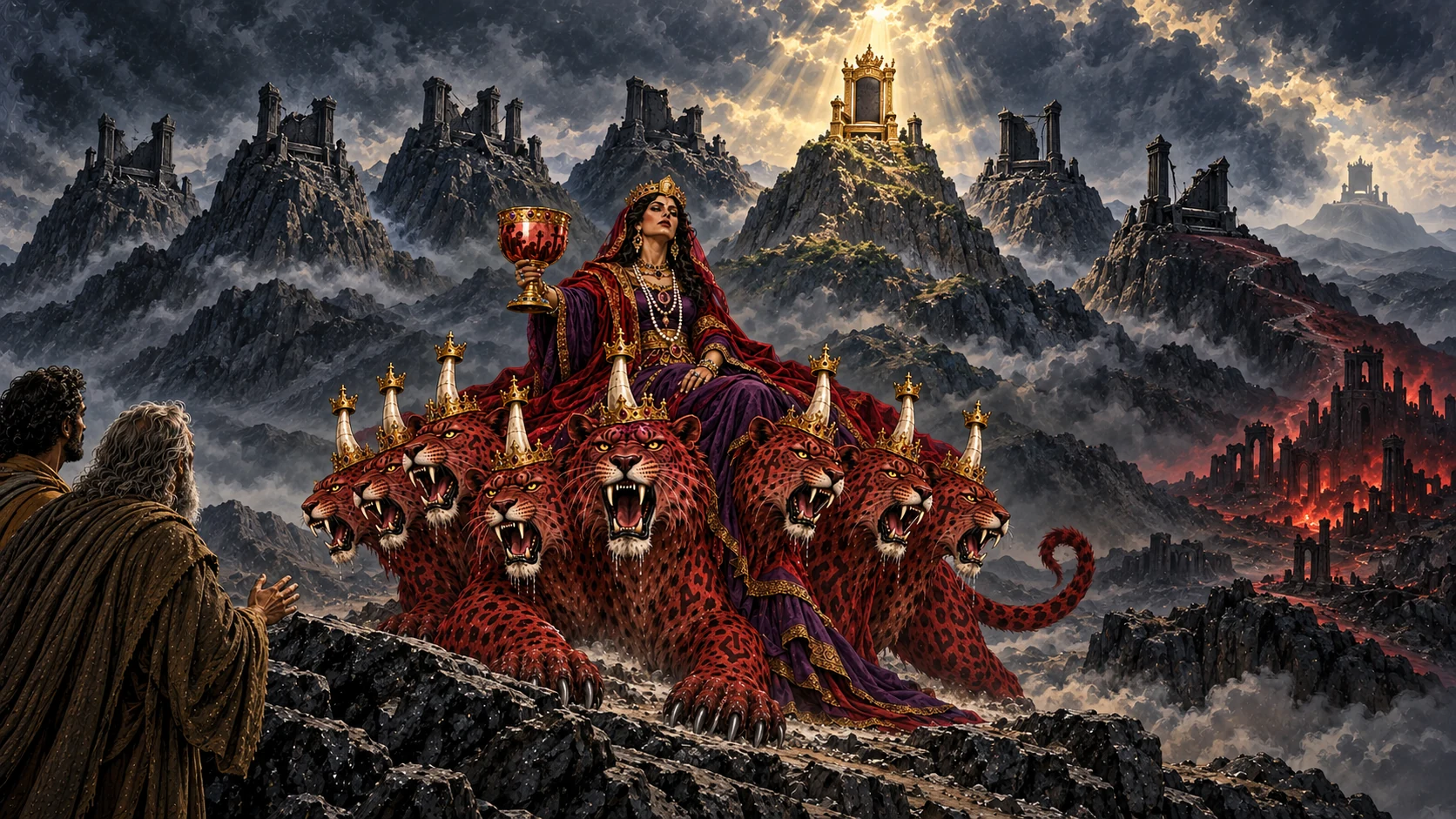 Seven mountain thrones rise behind the woman and scarlet beast, with fallen seats and a distant ruined path.