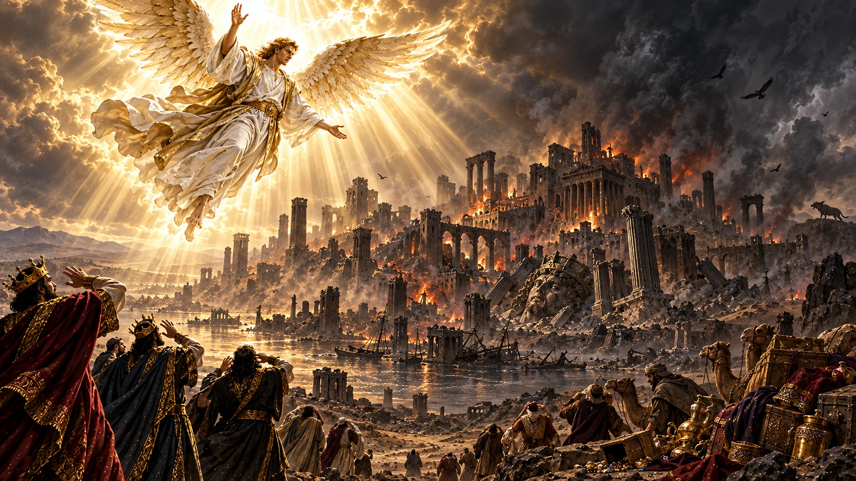 A mighty angel lights the earth above fallen Babylon while ancient rulers and merchants watch from afar.