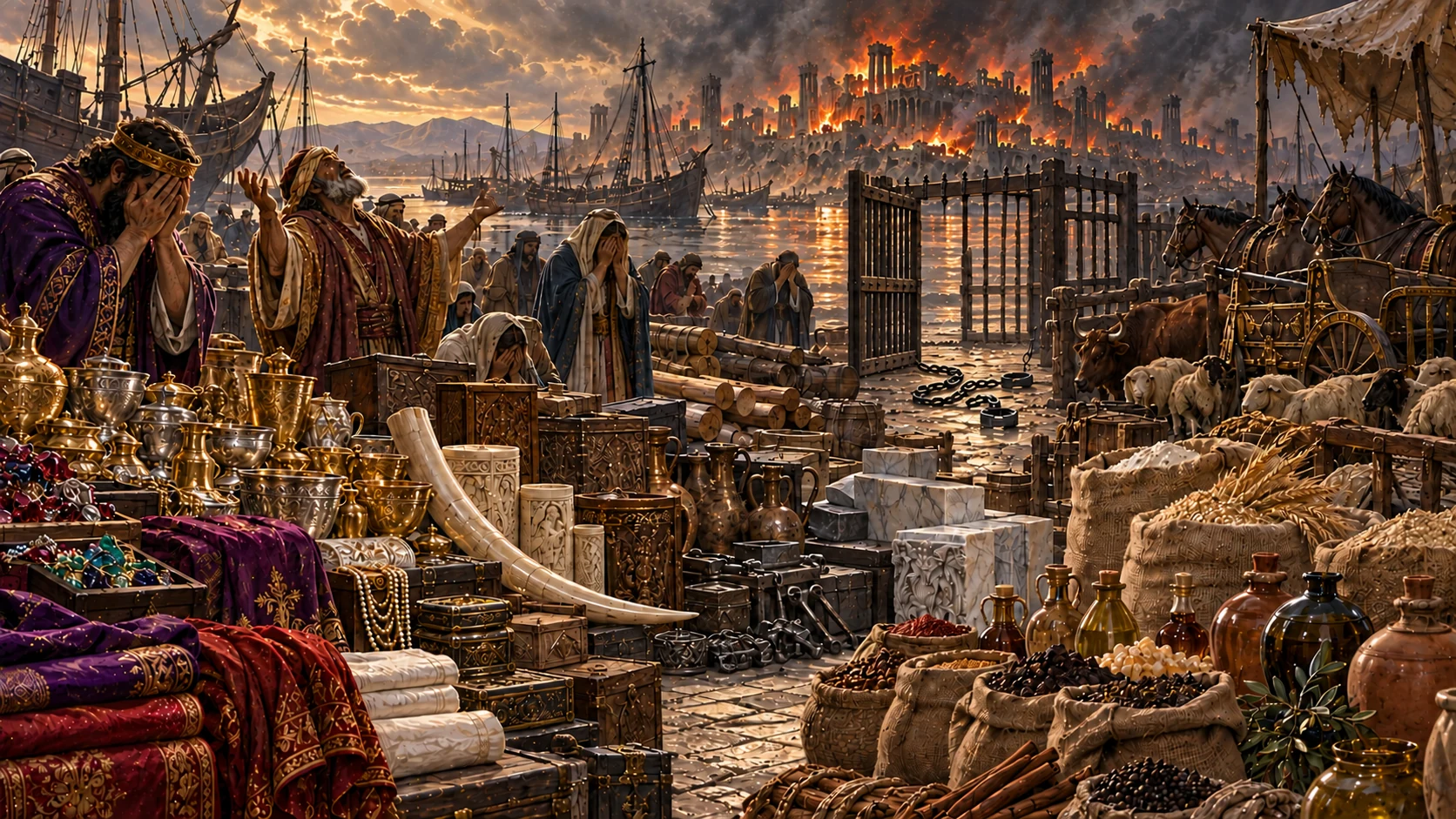 Mourning merchants stand among unsold ancient cargo beside an empty open enclosure and broken shackles.