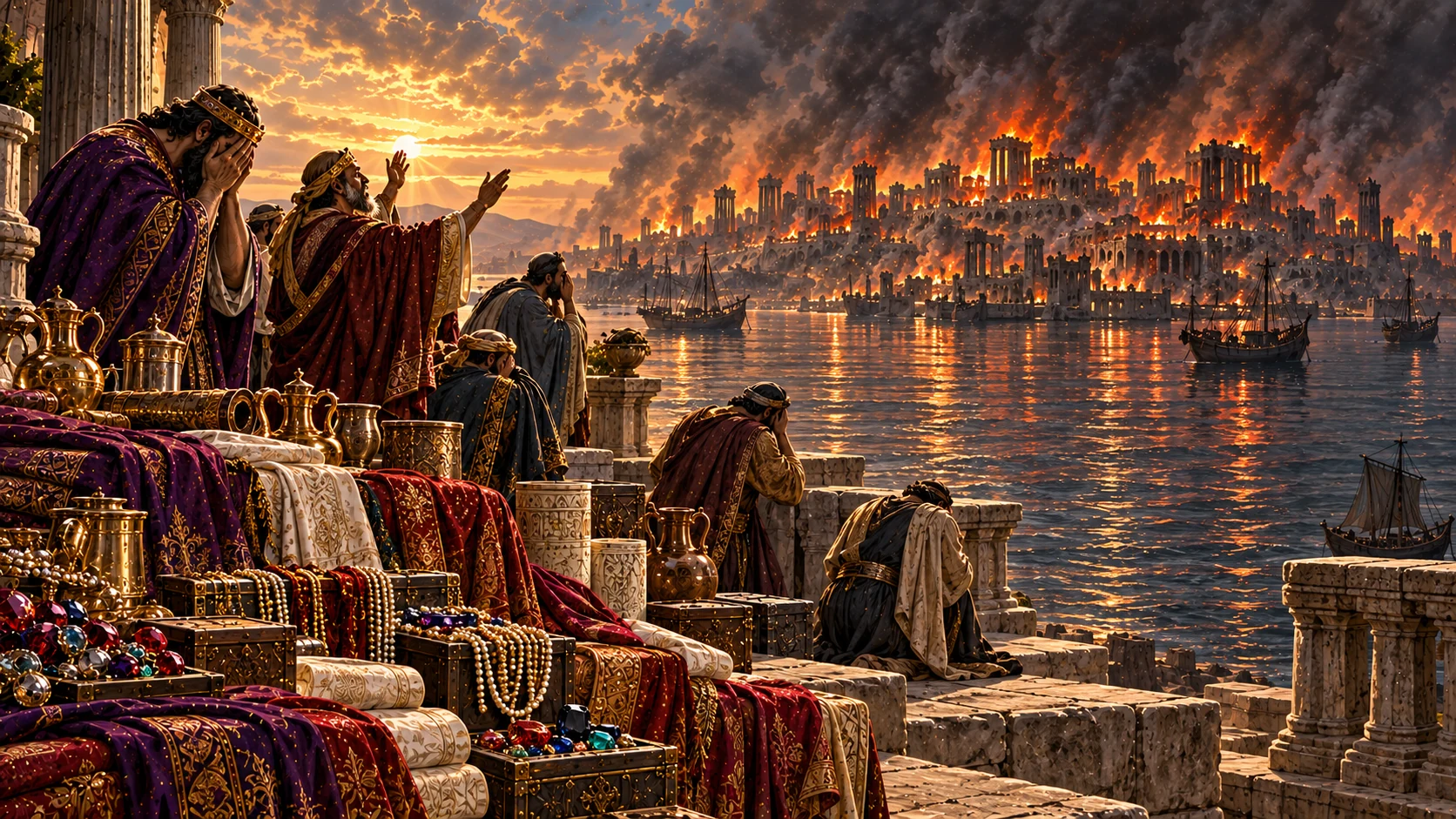 Ancient merchants mourn beside unsold luxury goods as the distant city burns.