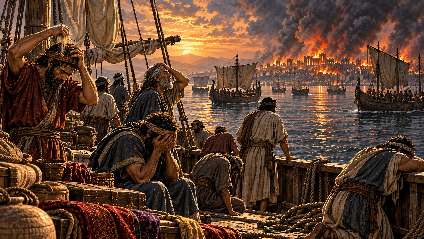 Sailors mourn aboard ancient ships while smoke rises from the distant great city.