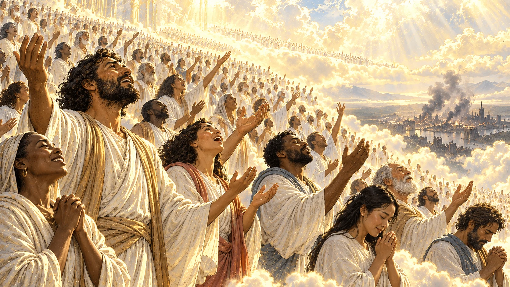 A vast diverse heavenly assembly rejoices solemnly above the distant fallen city.