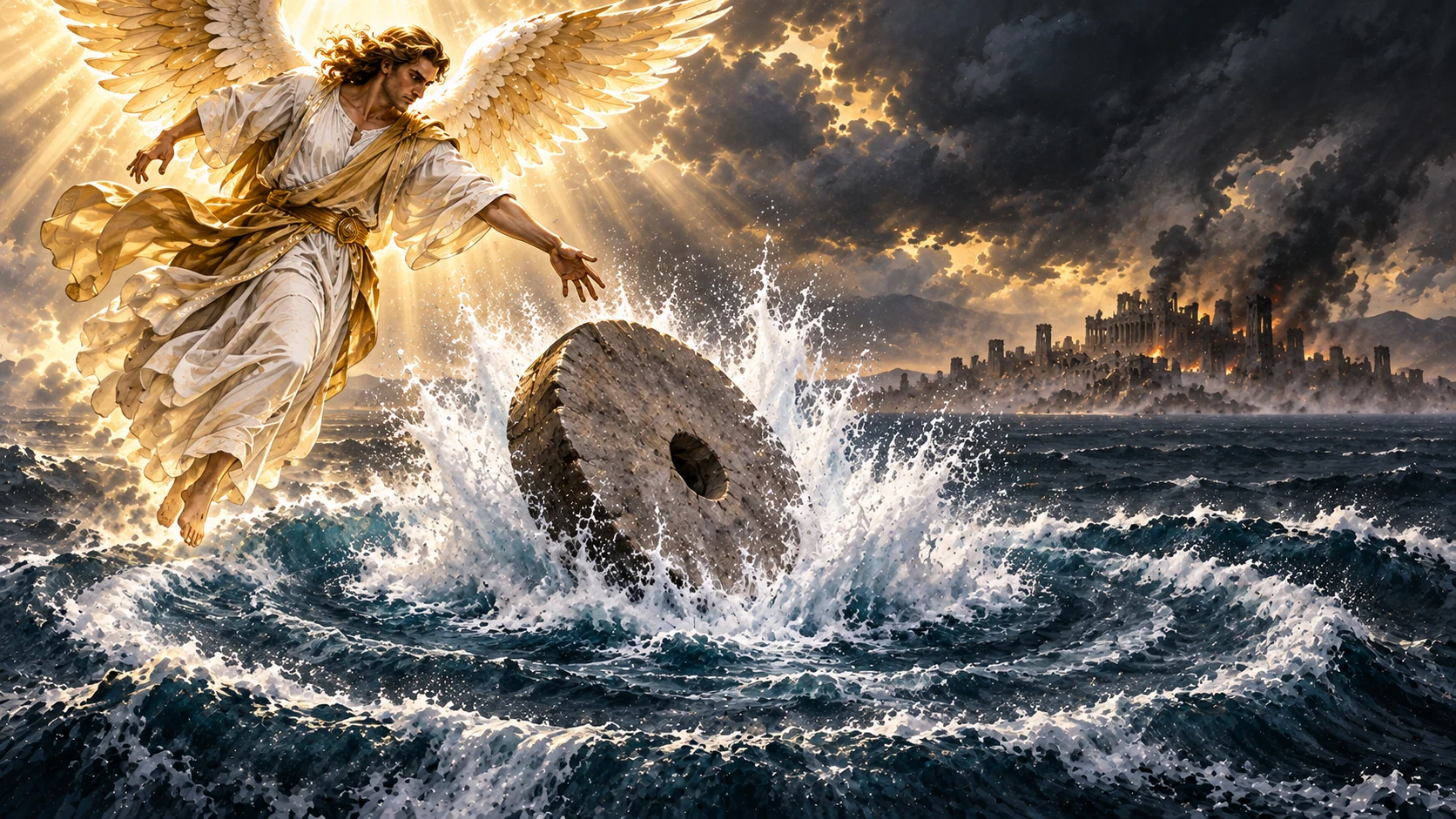 A mighty angel casts a huge millstone into the sea before a distant ruined city.