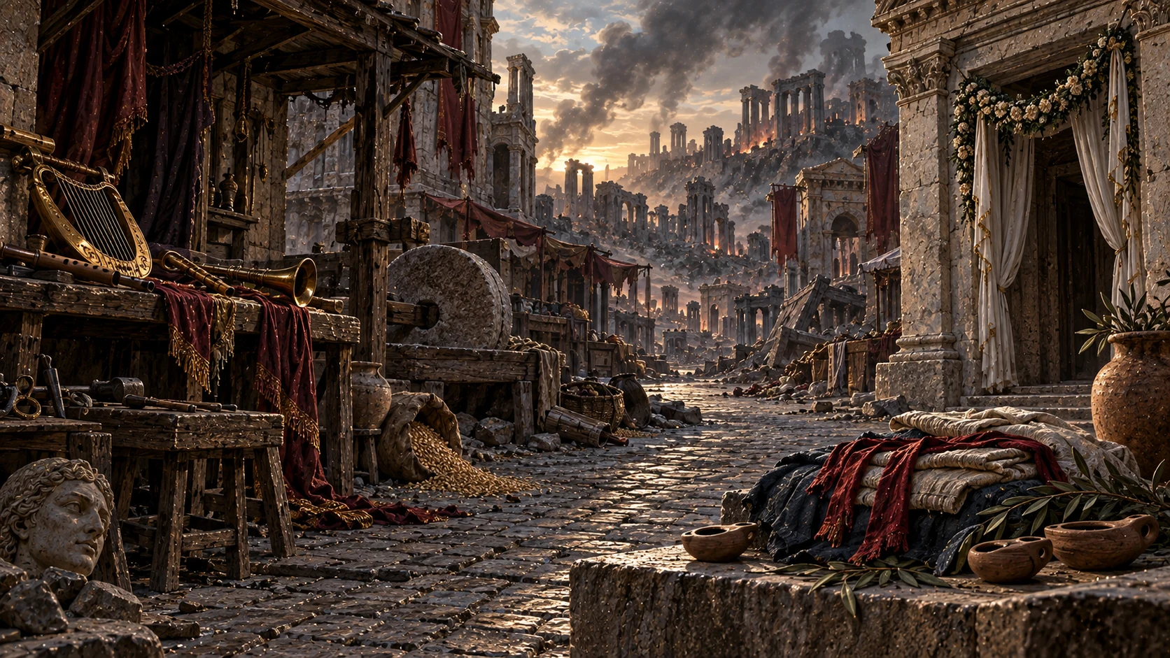 Abandoned instruments, a stopped mill and extinguished lamps fill a silent ruined city street.