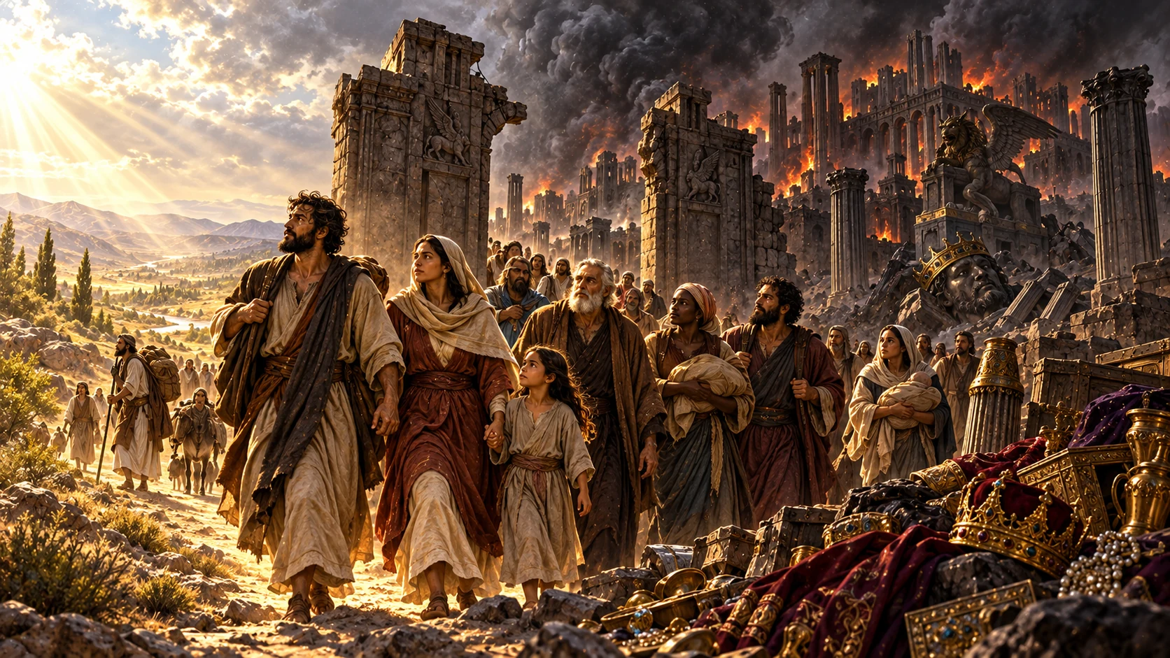 Faithful families walk out of the burning ancient city toward a clear sunlit path.