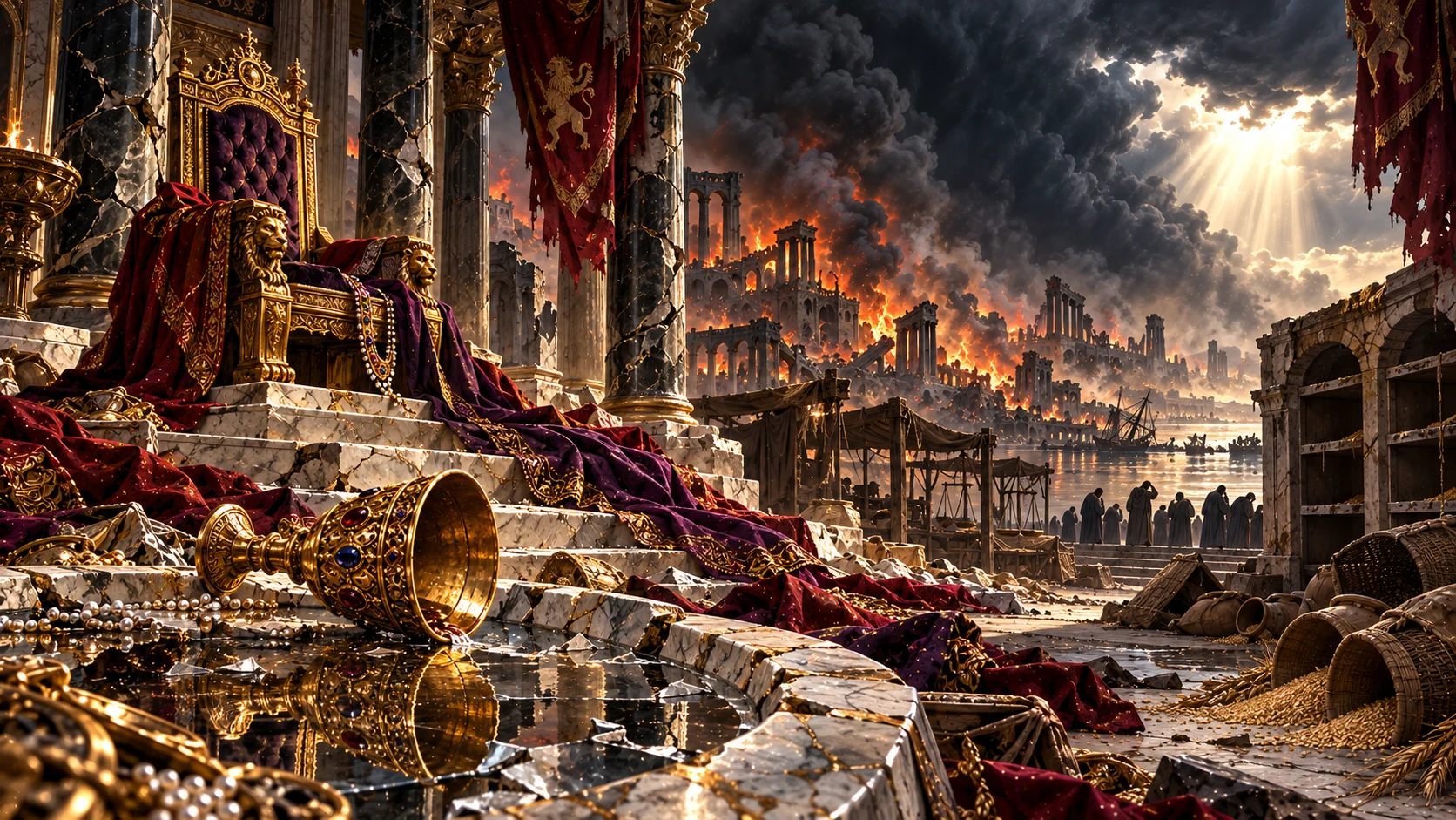 An empty royal throne, overturned golden cup and vacant market stand before the burning city.