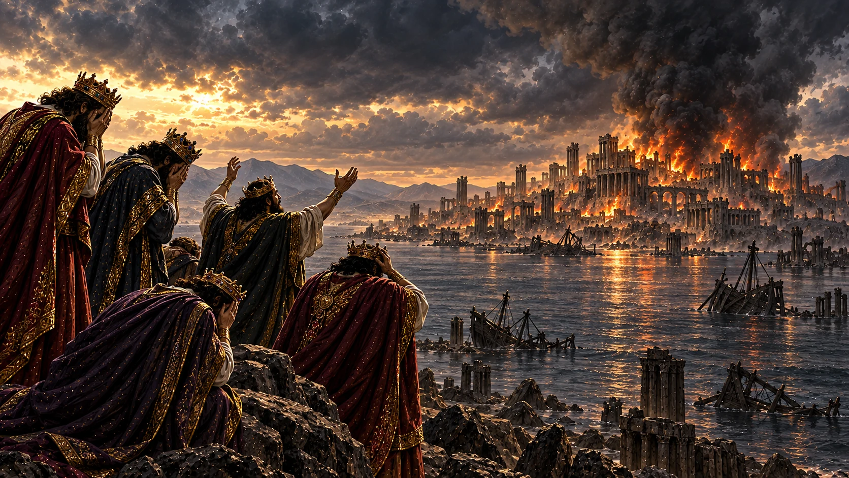 Ancient kings mourn on a distant shore while the great city burns across the water.