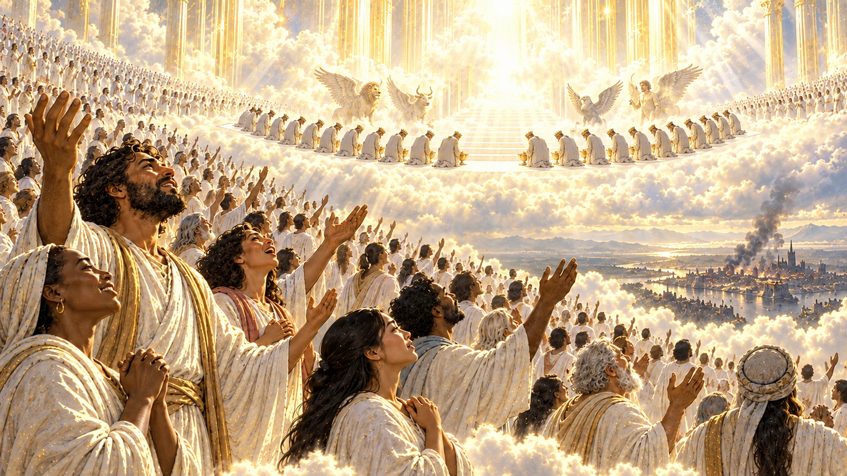 A vast heavenly multitude worships as twenty-four crowned elders bow around a luminous veiled throne.