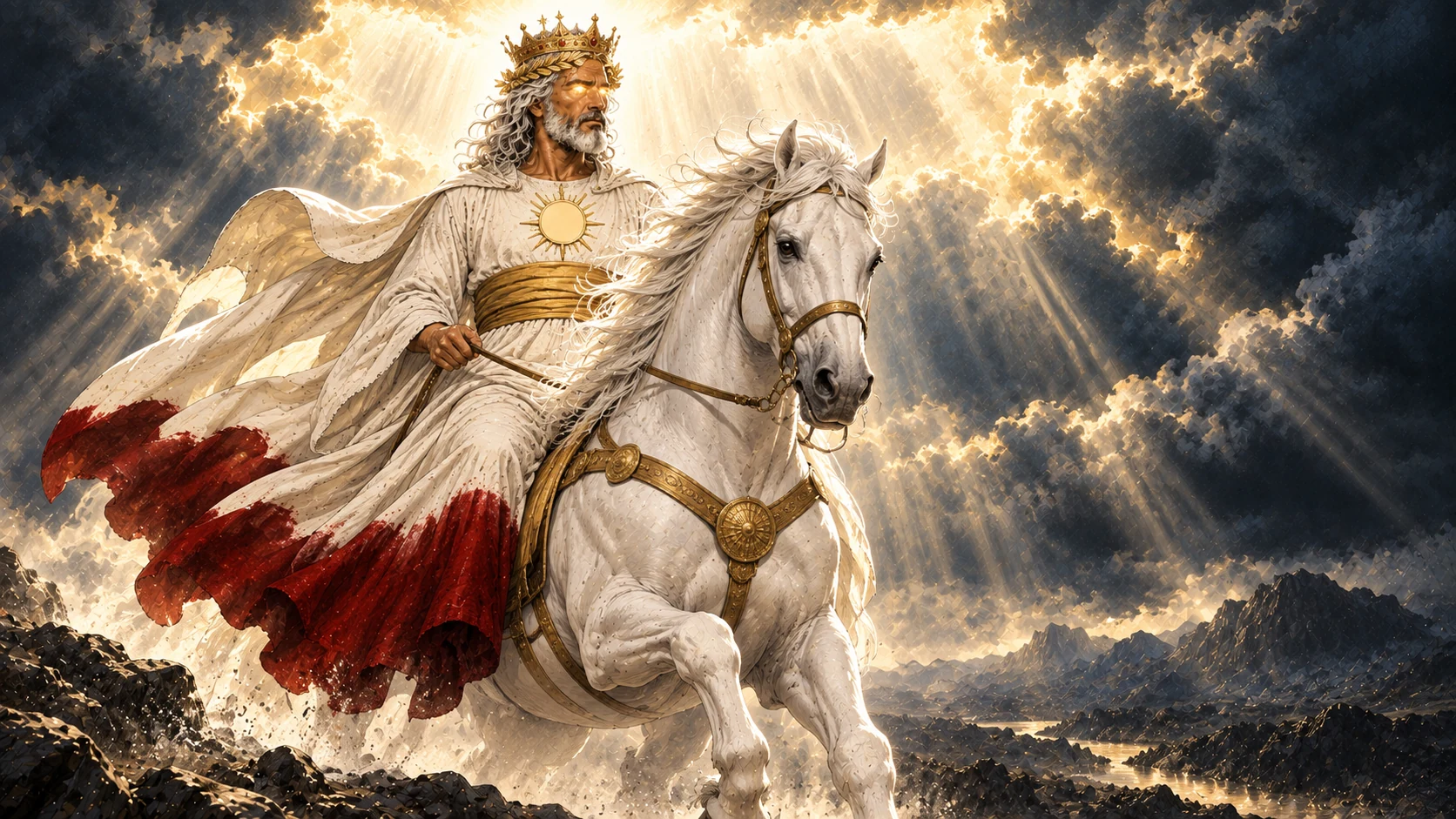 The glorified white-haired rider advances from opened heaven on a white horse.