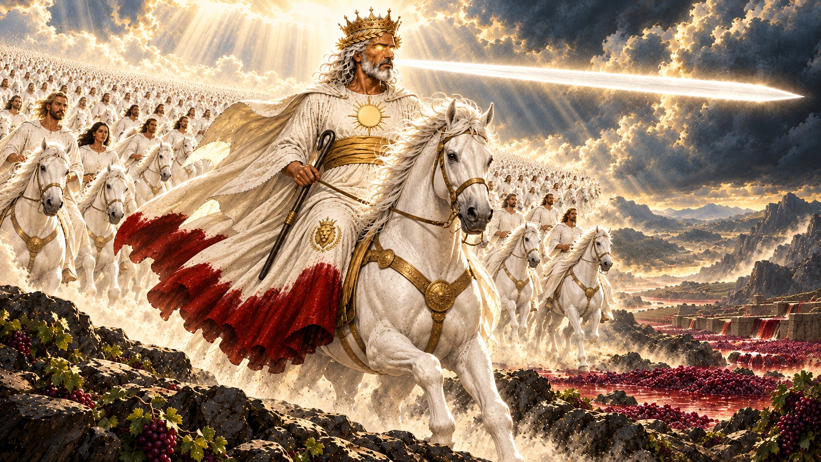 The white-horse rider leads a vast clean-linen army as a luminous sword-shaped word extends from his mouth.