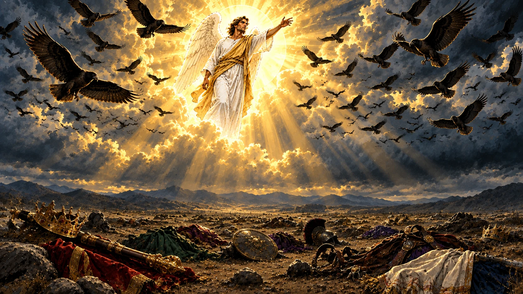 An angel stands in the sun calling circling birds above an empty field of abandoned royal and military emblems.