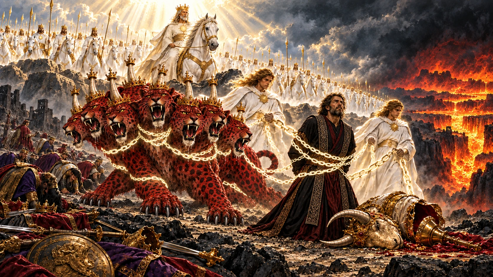 The restrained scarlet beast and a dark-robed false prophet stand before the white-horse rider and a distant fiery lake.
