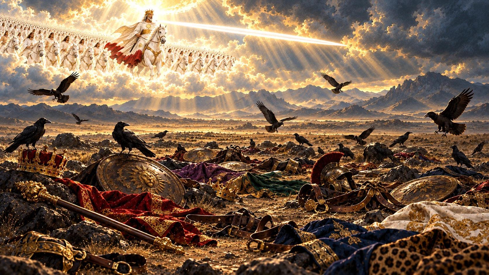 Birds settle among abandoned crowns, armor and garments beneath the distant white-horse rider.
