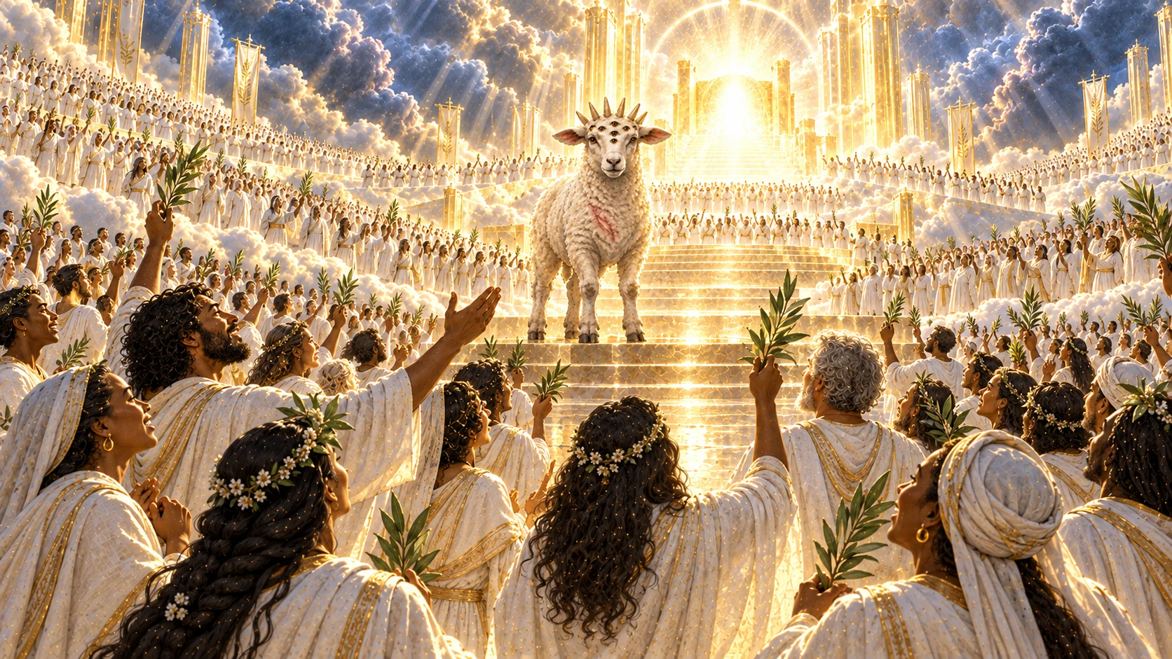 The Lamb stands in radiant heaven before a vast diverse community dressed in clean white linen.
