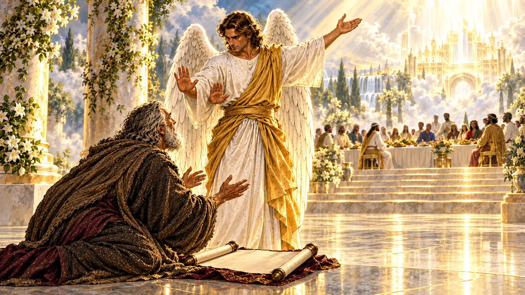 An angel raises a hand to stop kneeling John while a wedding supper waits in the distance.