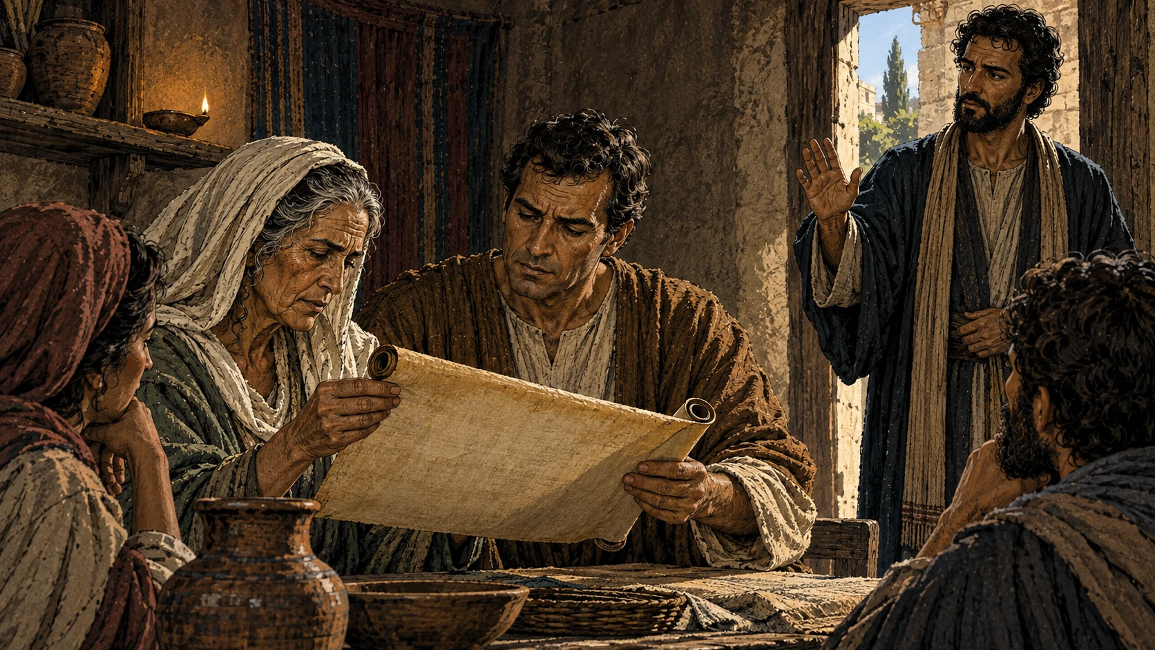 A community examines a scroll while a visiting speaker waits.