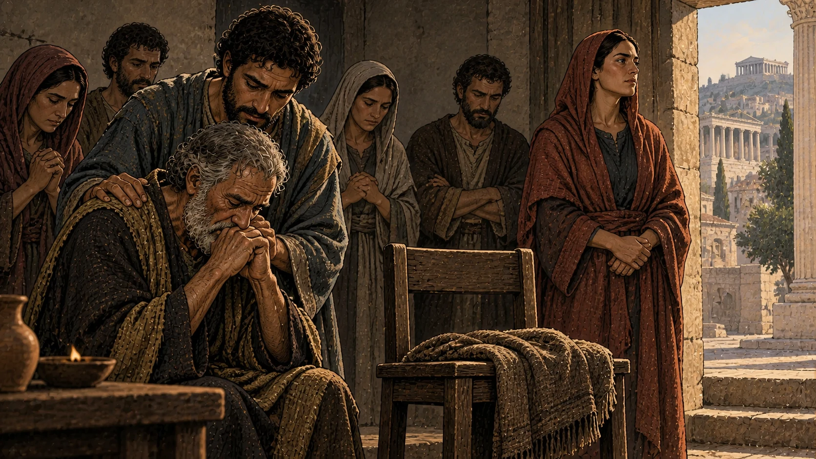 A community grieves beside an empty seat and folded cloak.