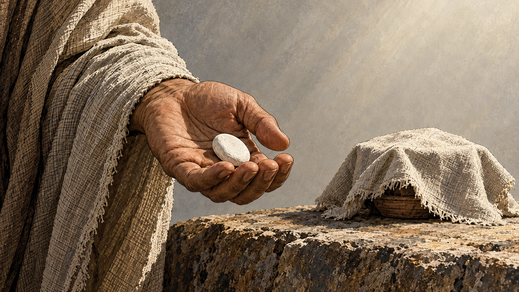An open hand holds a white stone beside a cloth-covered vessel.