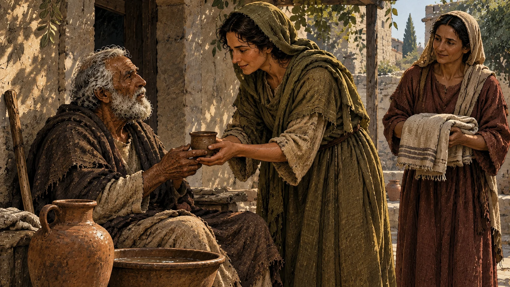 Neighbors offer water and clean cloth to a weary elder.