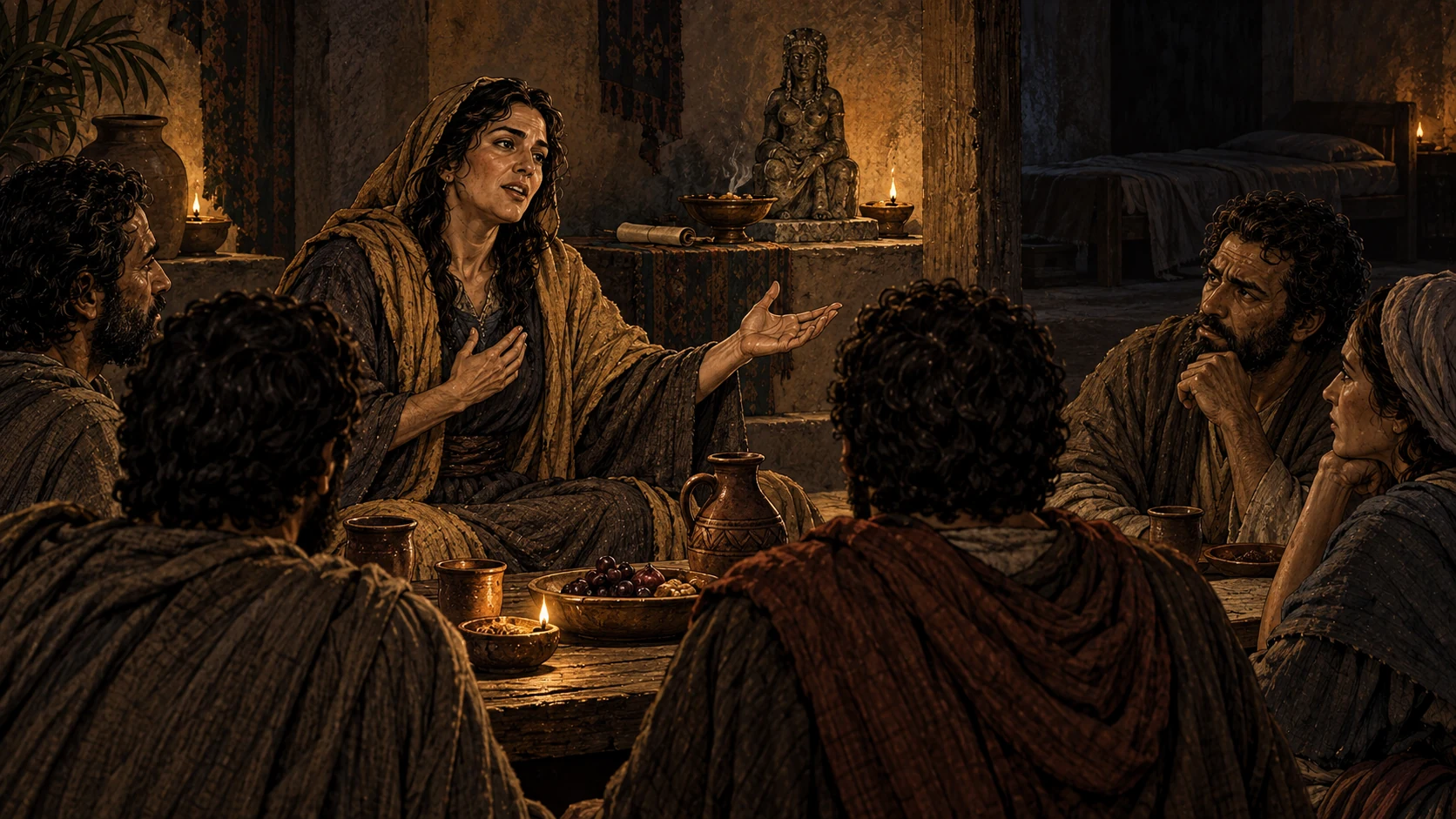 An adult teacher addresses listeners beside an idol and neglected scroll.