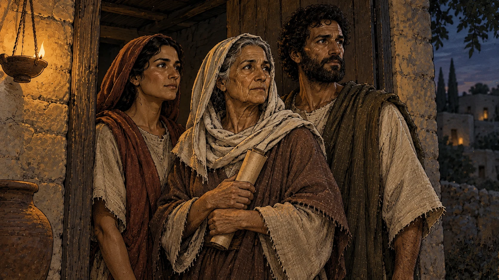 A small group stands together, holding a closed scroll.
