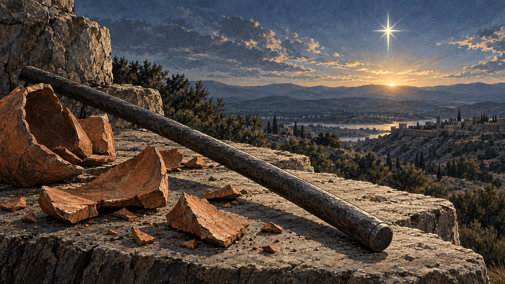 An iron rod rests beside broken clay under a bright morning star.