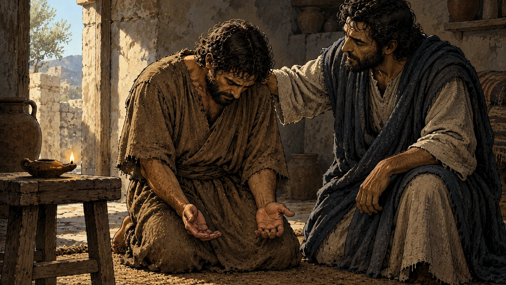 A kneeling believer prays beside a small lamp as a companion offers support.