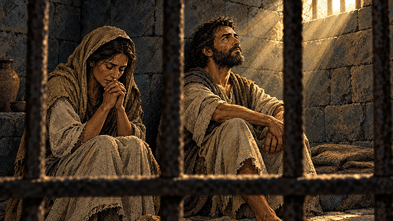 Two believers remain prayerful in a stone prison.