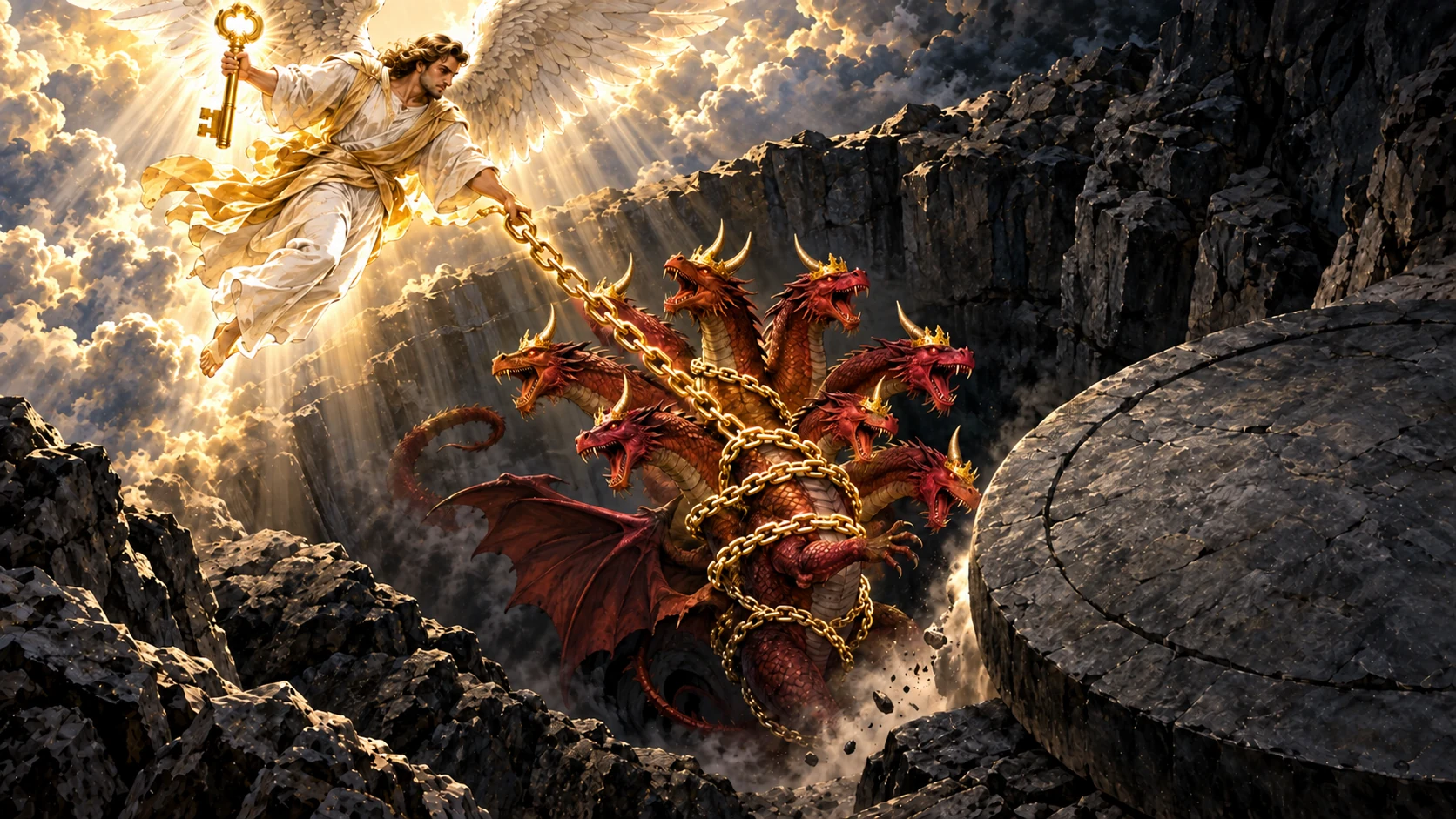 An angel with a great key binds the seven-headed red dragon and lowers it into a sealed abyss.