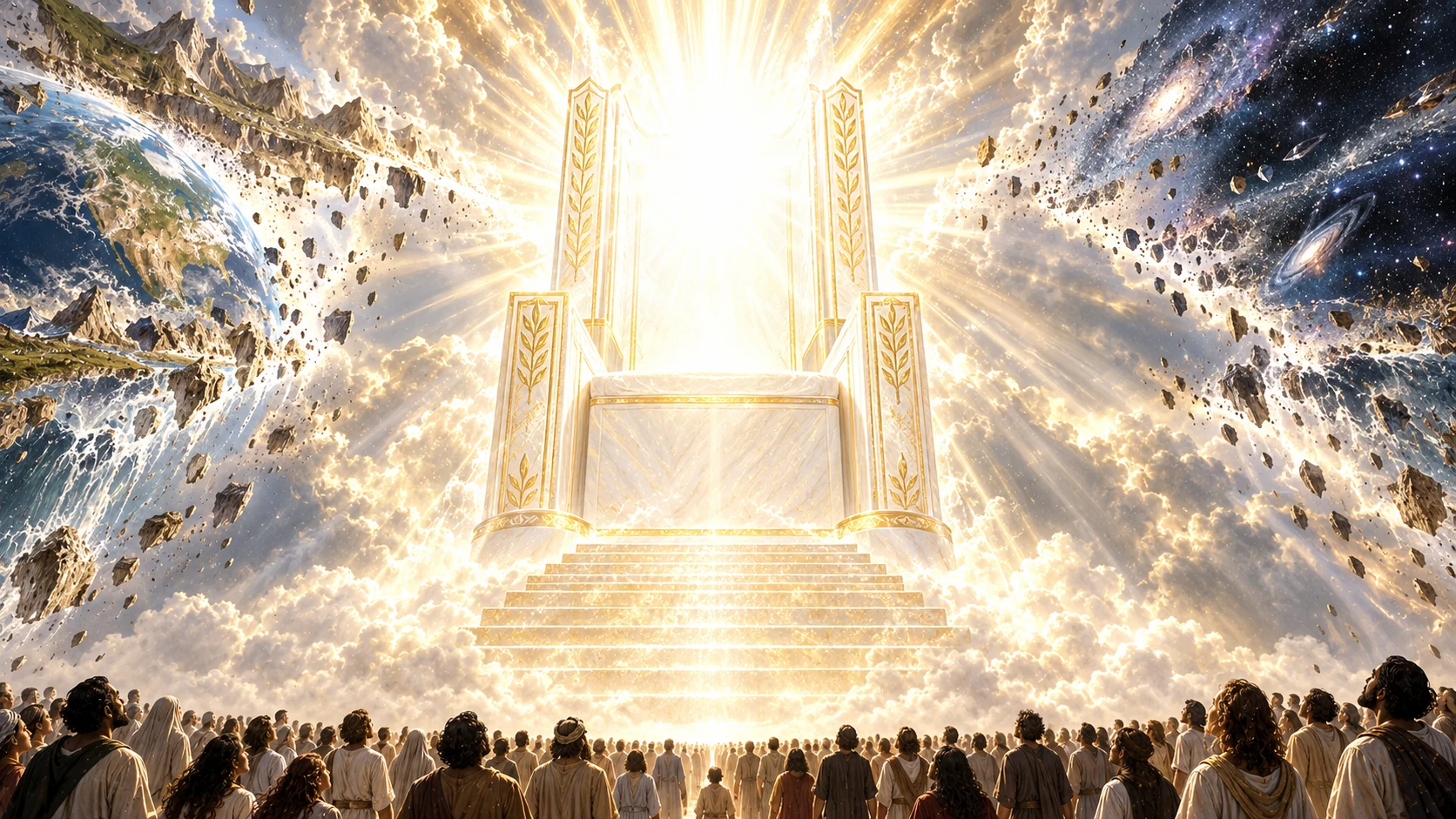 A radiant white throne towers above witnesses as earth and the starry heavens break away into light.