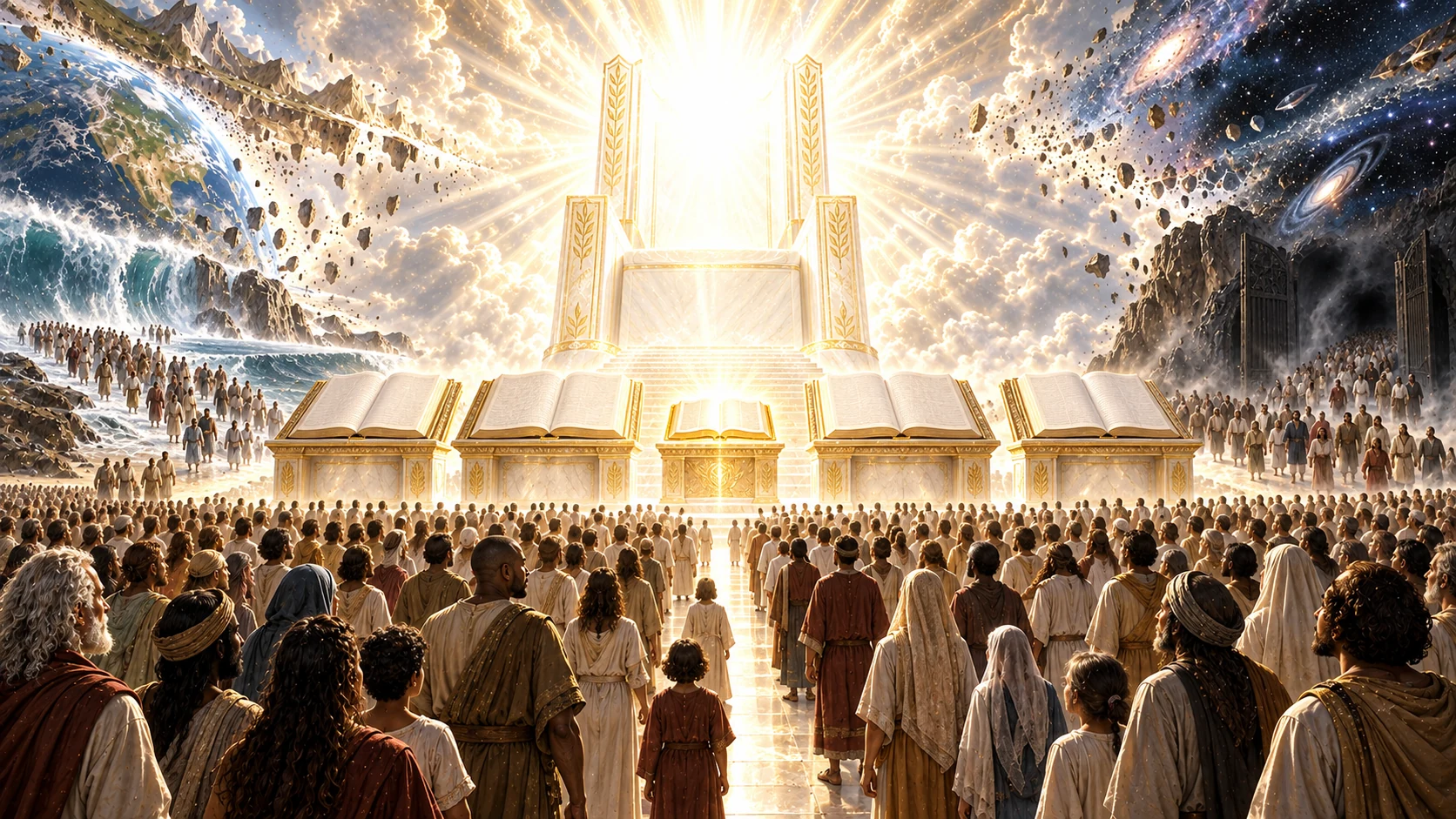 A vast multitude stands before the white throne and open books as people emerge from the sea and shadowed gates.