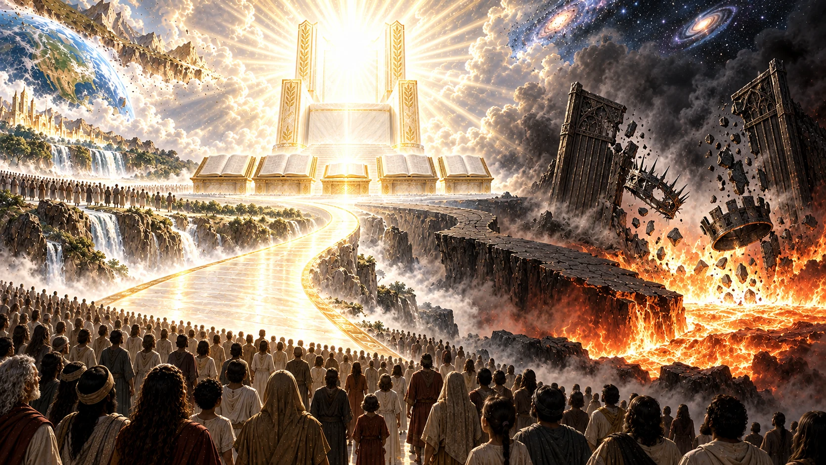 Dark gates and broken crowns collapse into fire beside a luminous path leading toward the white throne and open book of life.