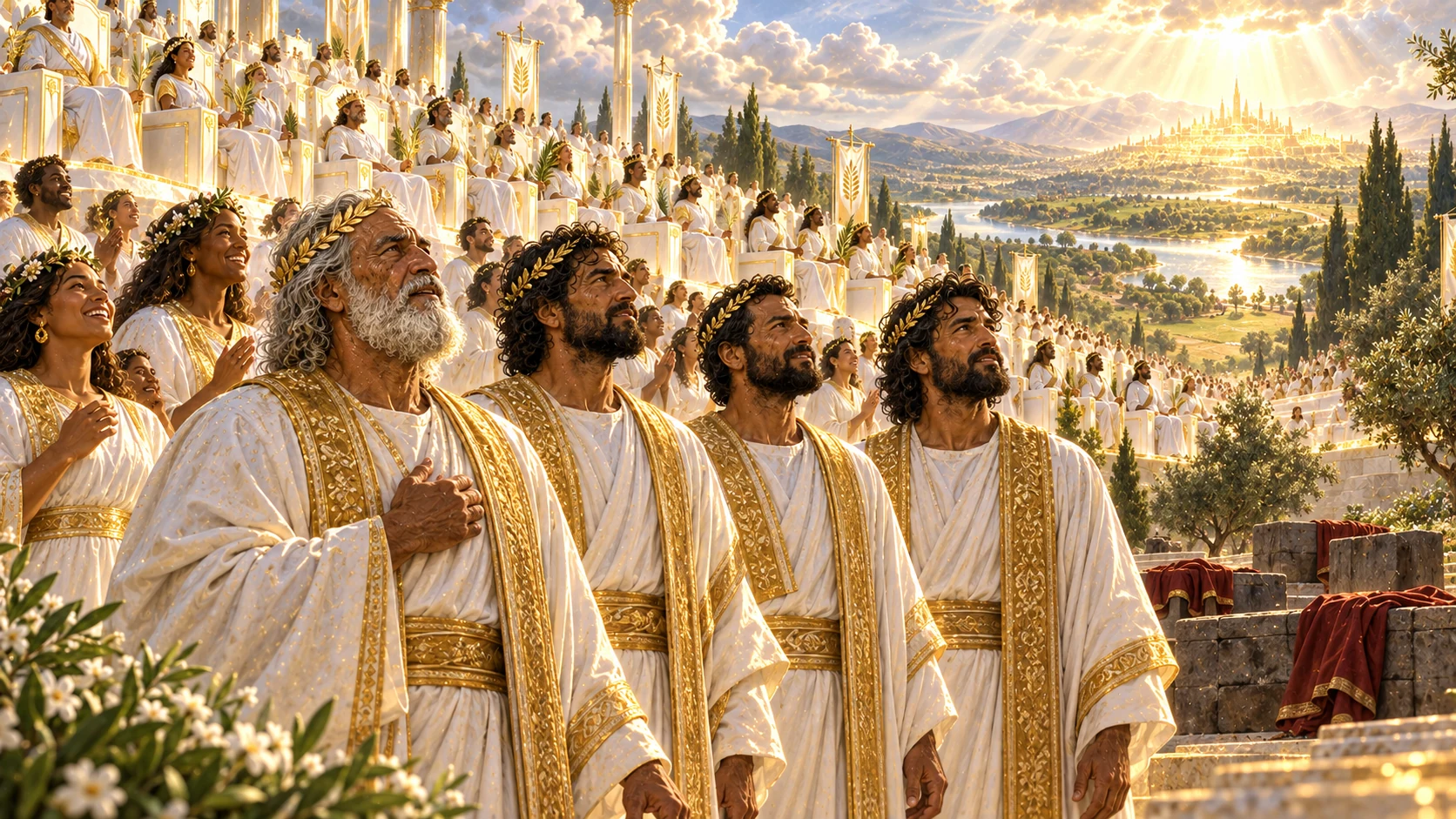 Restored faithful witnesses in white and gold stand before luminous thrones overlooking a peaceful renewed landscape.
