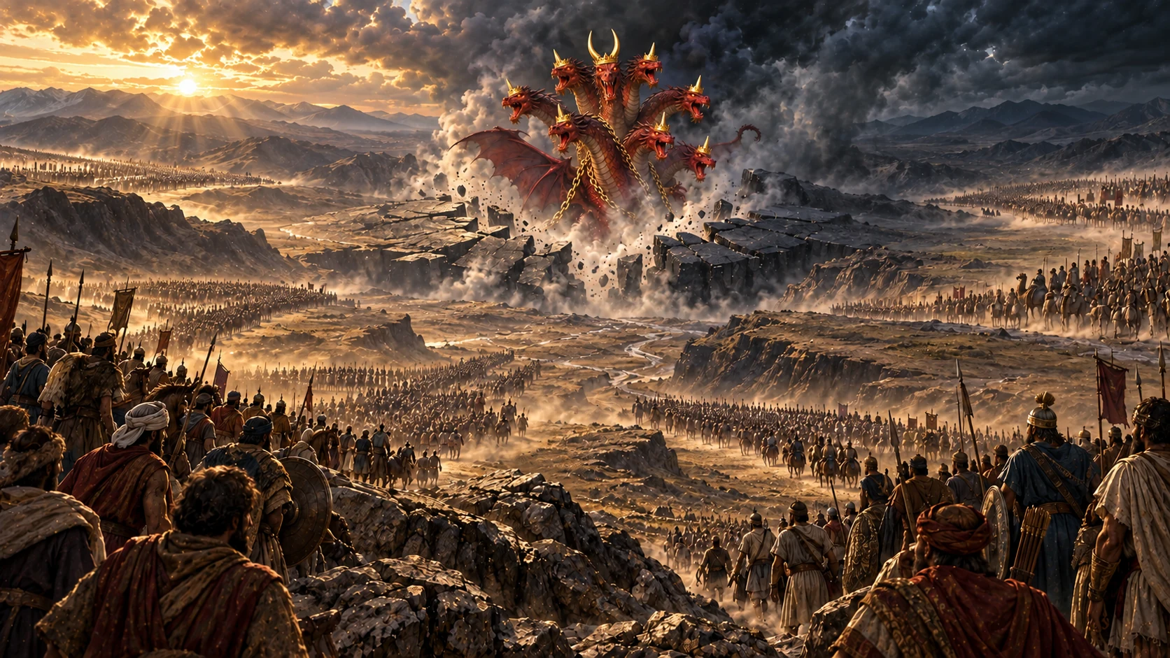 A seven-headed red dragon rises from a broken abyss as vast ancient armies gather from every horizon.