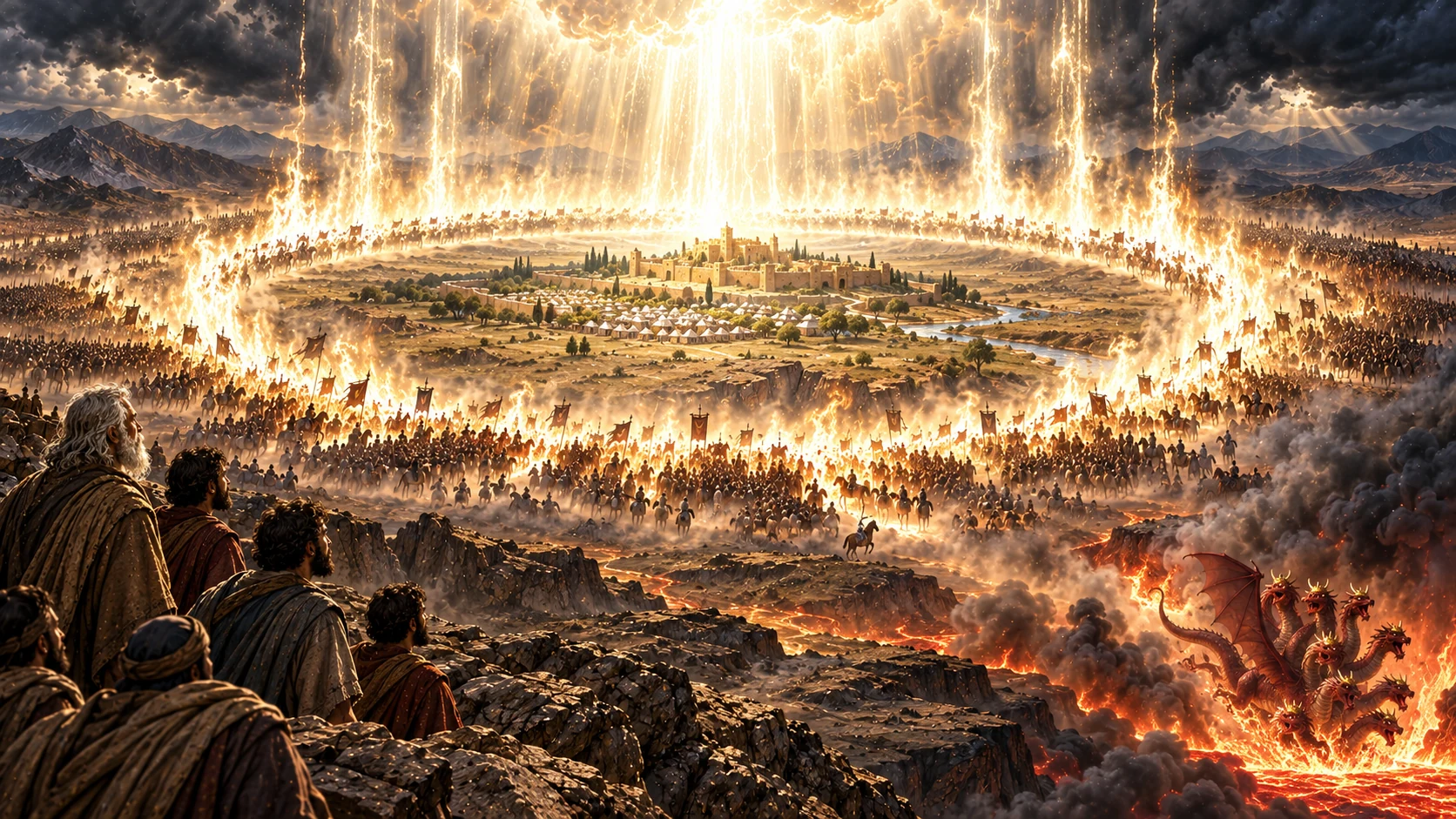 Heavenly fire surrounds and defeats vast armies while a peaceful camp and ancient city remain protected at the center.