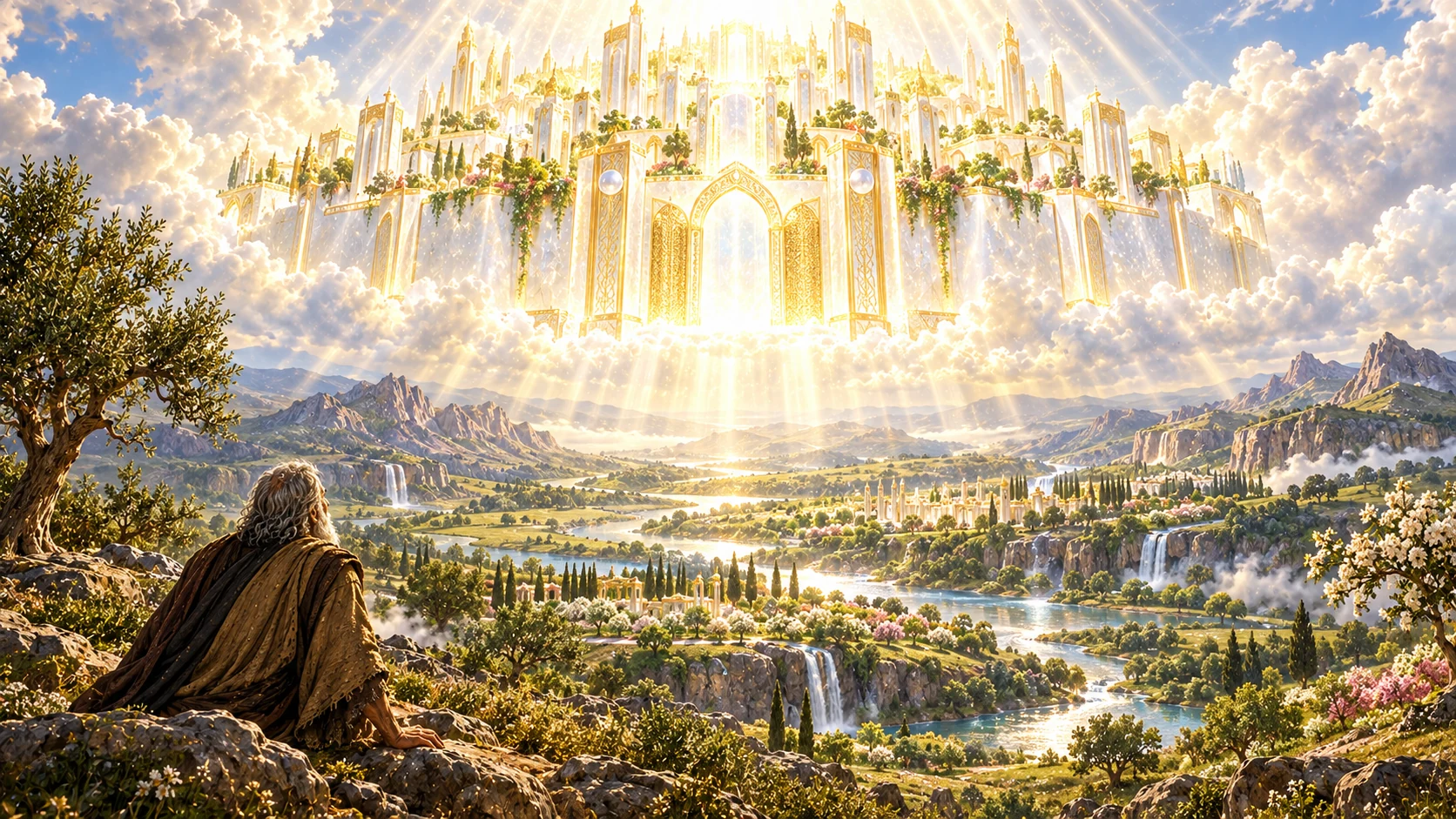 Elderly John watches the radiant holy city descend over a renewed green earth filled with rivers and gardens.
