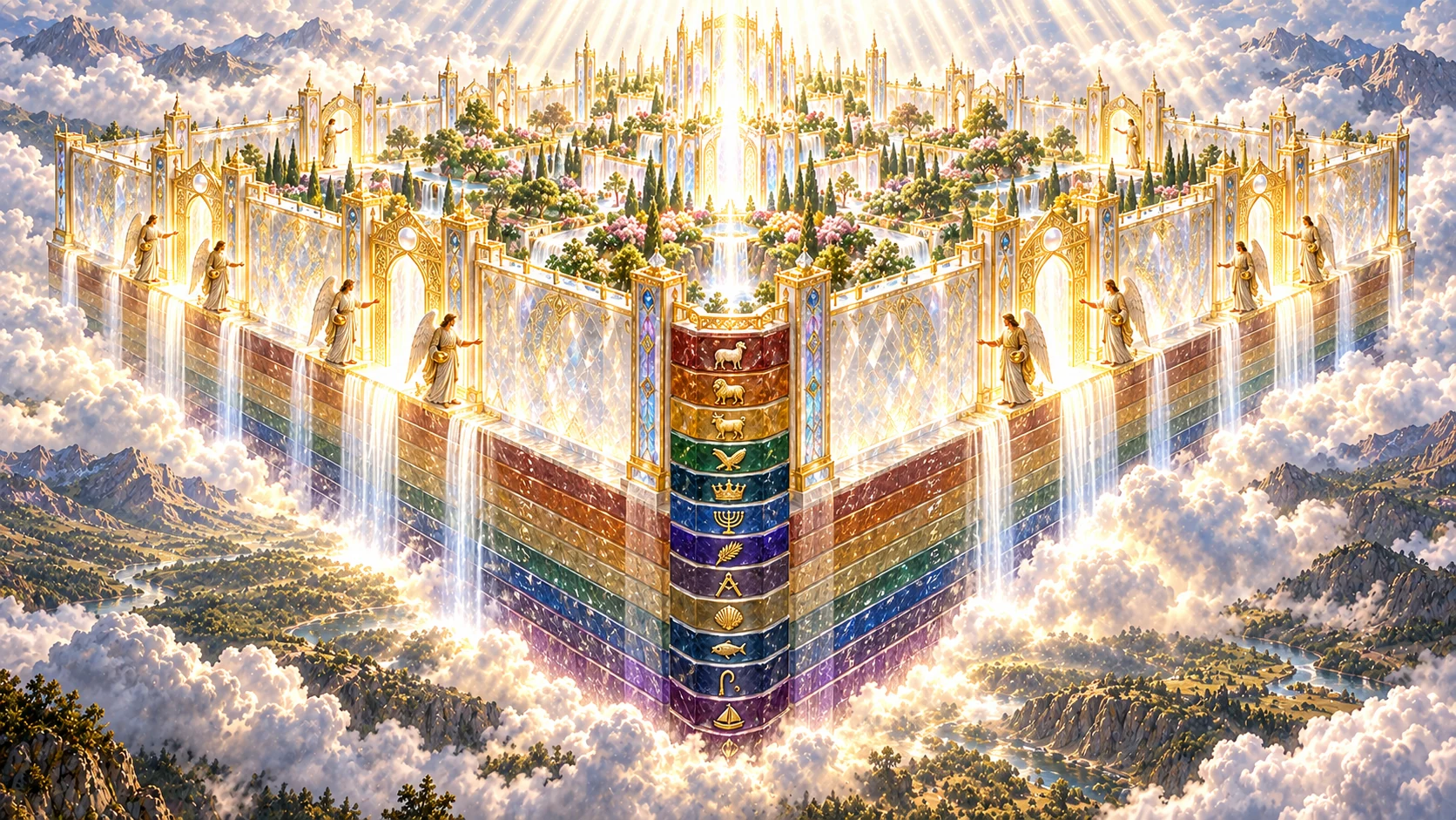 An elevated view shows the square holy city’s pearl-like gates, angel guardians, and twelve jeweled foundation layers.