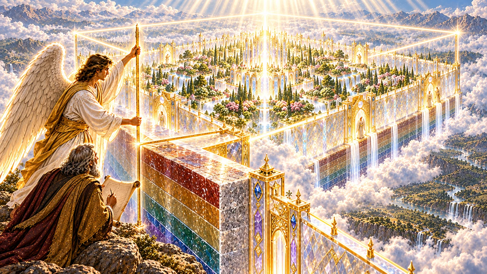 An angel measures the immense square holy city with a golden rod while luminous lines mark equal length, width, and height.
