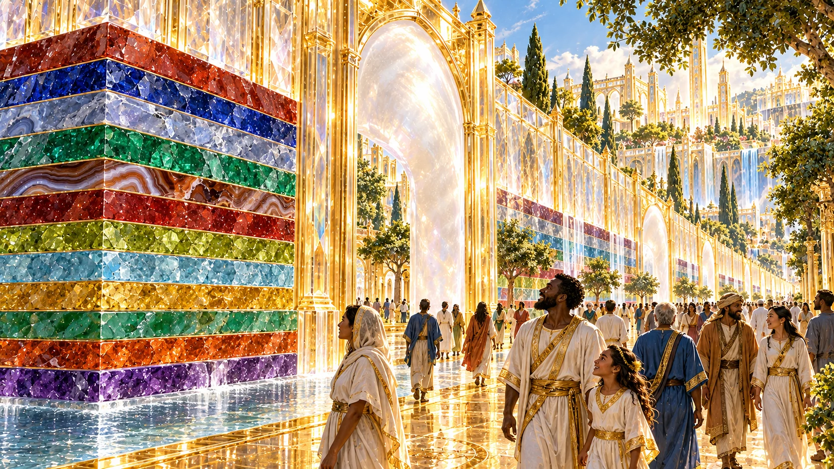 Residents walk a transparent golden avenue beside a single-pearl gate and twelve richly colored foundation bands.