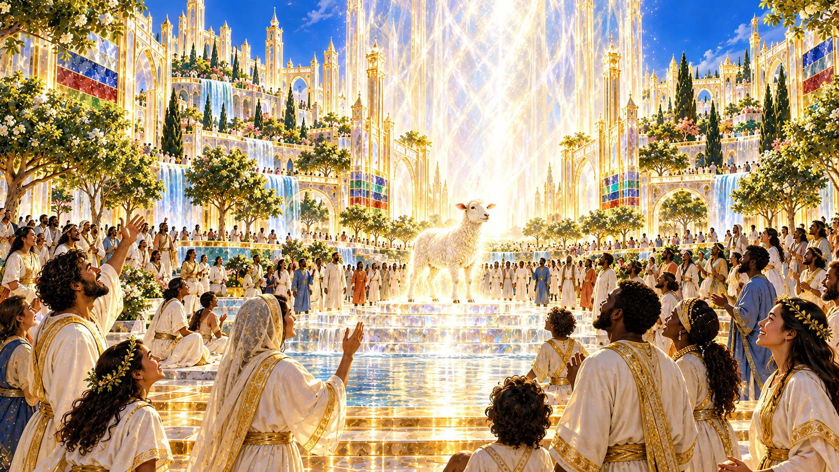 The radiant Lamb stands among worshiping residents in an open templeless city lit without sun or moon.