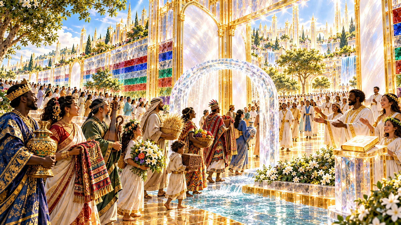 Diverse nations carry music, textiles, harvests, and crafts through New Jerusalem’s open pearl gates in perpetual light.